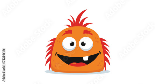 Cheerful orange fluffy monster with wild spiky hair and a prominent single tooth, expressing a wide, happy smile, ideal for lively children's media.