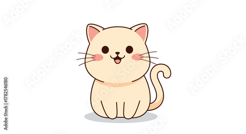 Plump and contented light beige cartoon cat sitting serenely with a happy, smiling expression, showcasing its adorable round features, perfect for cute animal themes.