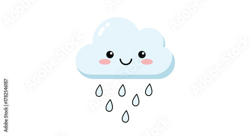 Adorable smiling light blue cartoon cloud cheerfully releasing gentle raindrops, conveying a happy weather scene, perfect for children's meteorological themes.