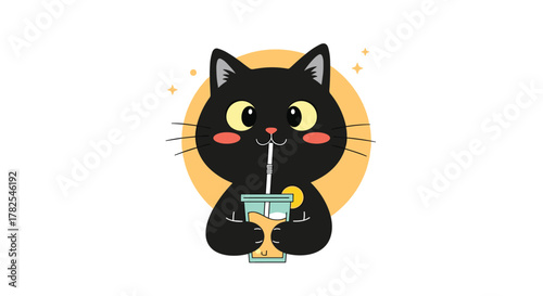 Charming black cat character happily sipping a refreshing beverage through a straw from a colorful cup, with a radiant yellow circular background, representing a joyful moment.