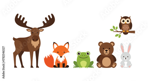 Adorable gathering of six charming forest animals: a majestic moose, cunning fox, happy frog, cuddly bear, cute rabbit, and a wise owl perched on a branch.