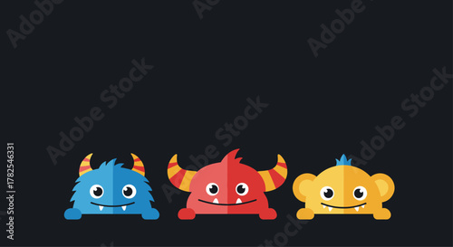 Playful trio of colorful cartoon monsters, including blue, red, and yellow, each with horns, happily peeking over a dark surface against a deep black background.