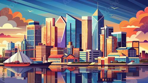 Very beautiful skyline view of Baltimore, Maryland, USA, along the Inner Harbor, featuring modern buildings, waterfront reflections, warm natural light, and a realistic vibrant urban atmosphere.