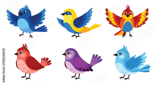 Vibrant collection of six cheerful cartoon birds in various dynamic poses, showcasing bright plumage in blue, yellow, red, and purple, perfect for nature themes.