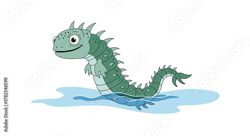 Whimsical green spiky dragon-like creature with a friendly smile, happily wading through a puddle of water, portraying a mythical beast in a charming and approachable style.