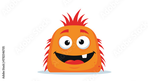 Playful orange fluffy monster with vibrant spiky hair and a single prominent tooth, featuring a wide, happy smile, perfect for energetic children's content.