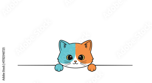Unique cartoon cat head with striking split fur colors, half turquoise and half orange, adorably peeking over a white surface, creating a captivating and whimsical illusion.