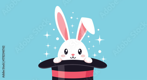 Enchanting white bunny with long ears playfully popping out of a black magician's hat, surrounded by sparkling stars, against a vibrant light blue background, symbolizing magic and wonder.