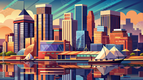 Very beautiful skyline view of Baltimore, Maryland, USA, along the Inner Harbor, featuring modern buildings, waterfront reflections, warm natural light, and a realistic vibrant urban atmosphere.