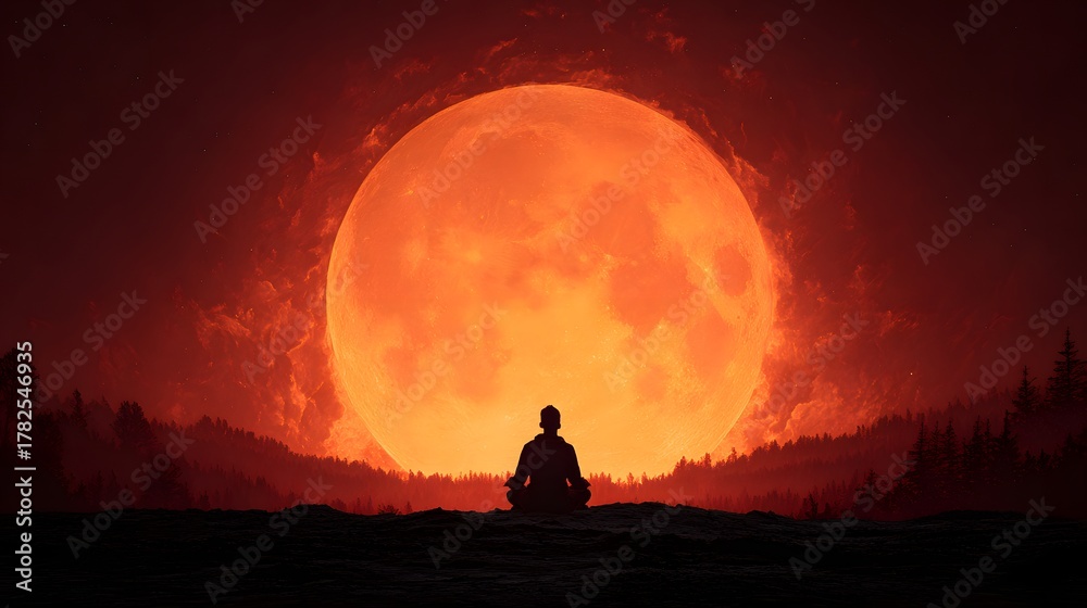 Fototapeta premium Solitary figure meditates in silhouette before a colossal orange celestial body rising over a forest horizon