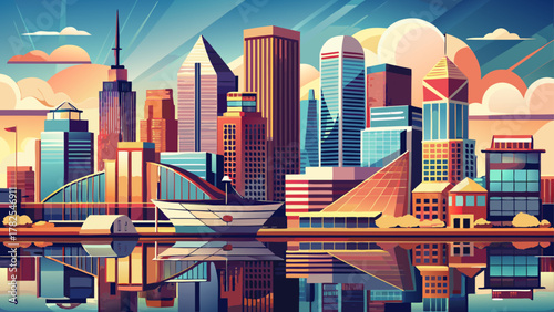 Very beautiful skyline view of Baltimore, Maryland, USA, along the Inner Harbor, featuring modern buildings, waterfront reflections, warm natural light, and a realistic vibrant urban atmosphere.