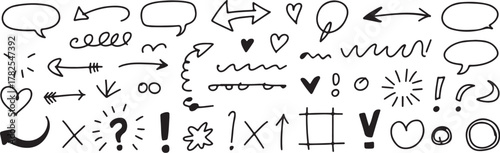 Hand drawn doodle elements collection featuring arrows, speech bubbles, hearts, question marks, exclamation points and more for creative design projects
