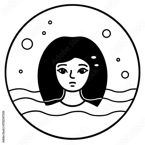 Stylized portrait of a woman emerging from wavy water with bubbles