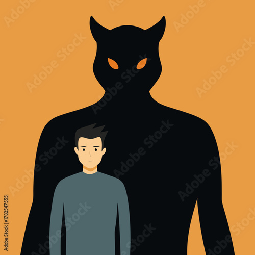 Man with a large demonic shadow looming behind him symbolizing inner turmoil