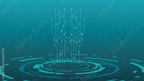 Modern tech background featuring glowing blue circuits, circular digital elements, and futuristic innovation design perfect for technology, data, or communication themes