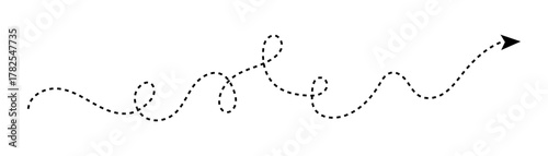 Dotted squiggle arrow line, hand drawn wavy dashed direction path, abstract looped arrow curve isolated
