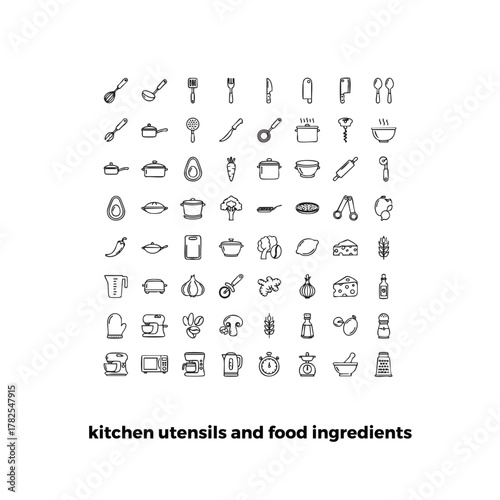 Collection of kitchen utensils and food ingredients isolated on transparent background