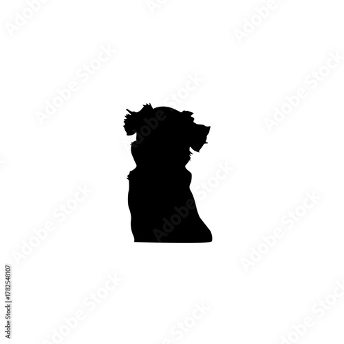 Silhouette of a dog s head and shoulders against a stark white background