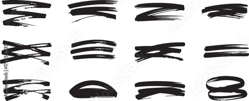 Dynamic black brush strokes and scribbles offer versatile design elements for modern graphics, adding artistic flair and visual emphasis to any project.