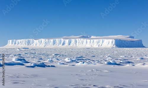 Expansive icy landscape featuring a massive glacier with a flat top and a rugged, snow-covered foreground under a clear blue sky