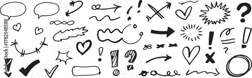 Dynamic hand drawn doodle elements like arrows, hearts, speech bubbles, exclamation and question marks perfect for creative projects