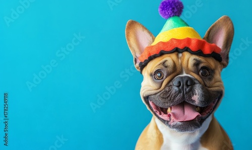Happy French Bulldog wearing a colorful party hat with a bright blue background