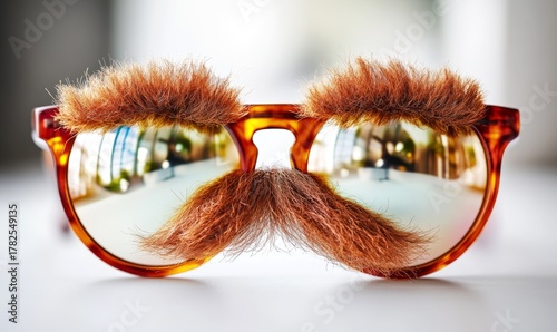 Humorous sunglasses with a furry mustache and eyebrows accessory creating a playful and quirky appearance