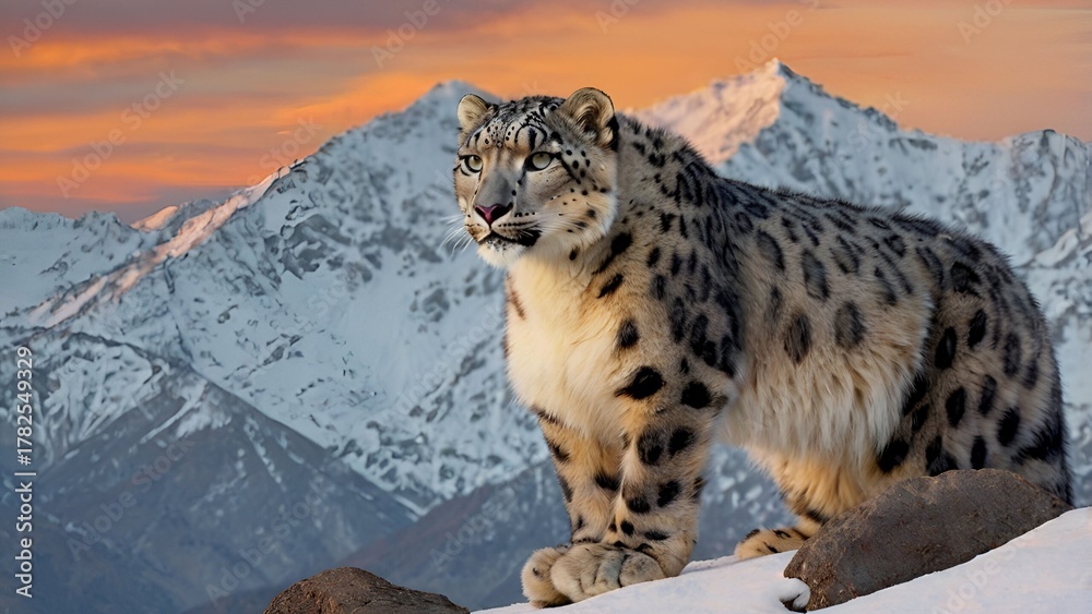 Obraz premium The Snow Leopard stands at the edge of a snowy ridge, bathed in the orange glow of sunset. Ai
