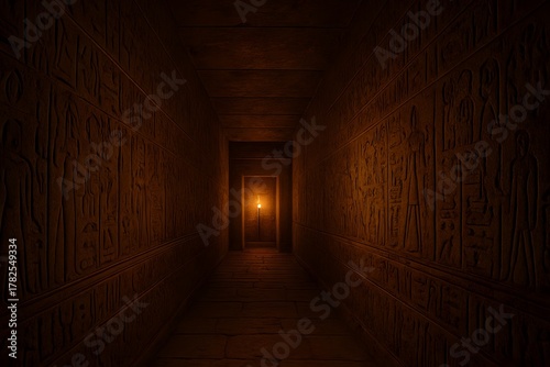 Dark Ancient Egyptian Tomb Corridor with Hieroglyphic Walls and Single Torch Light