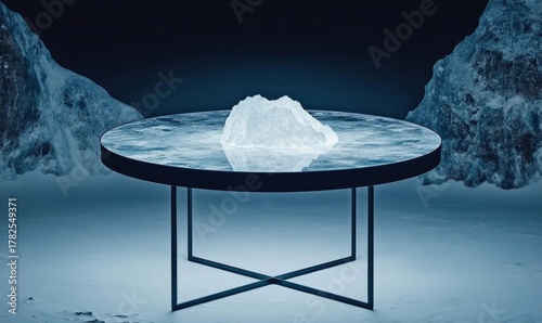 Iceberg floating on a reflective surface surrounded by icy mountains in a cold, dark environment with a mysterious atmosphere