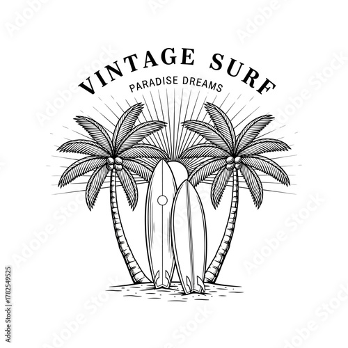 Vintage surf paradise dreams illustration with palm trees and surfboards.