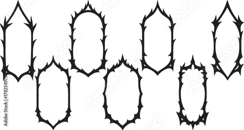 Gothic thorn frame vector set with sharp spiky borders, tattoo style outline shapes for labels and designs