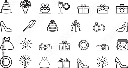 Wedding celebration line icon set with cake, rings, champagne, gifts, heels, dress, camera and decorations
