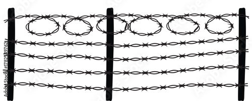 Barbed wire silhouette vector -White background with Black barbed wire horizontal vector. Straight line sharp barbed wire illustration vector