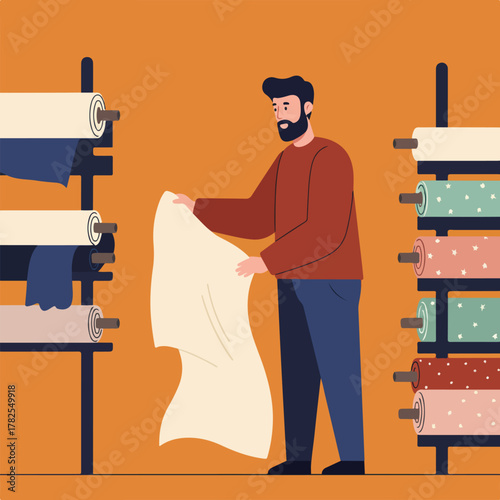 A bearded man examines fabric rolls in a fabric shop, presented in a warm orange and brown palette