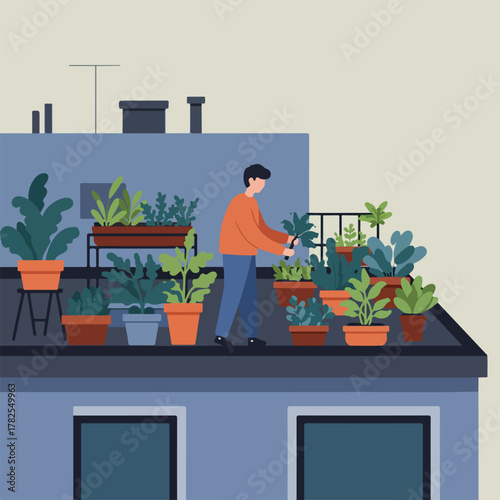 Illustration of a rooftop garden with a person tending potted plants on a flat roof
