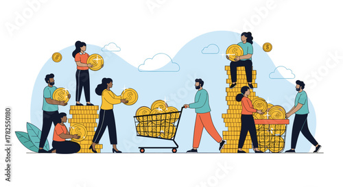 People stacking and collecting large gold coins, representing financial growth and investment.