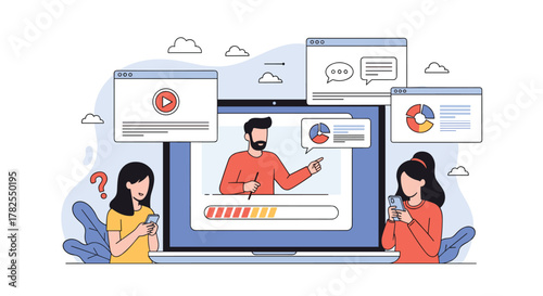 Illustration of people using online learning platforms with video lectures and data charts.