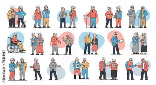 Diverse group of elderly people engaged in various activities, showcasing different interactions and mobility levels.