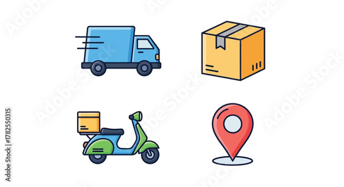 Delivery service icons featuring trucks scooters packages and location pins