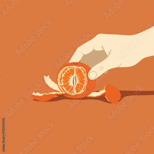 A hand peels a citrus fruit, revealing juicy segments, against a warm orange backdrop. Peels lie below