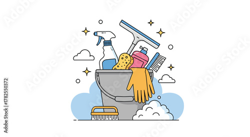 A bucket filled with cleaning supplies and accessories on a white background.