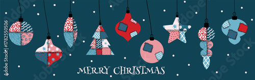 Set of Creative patchwork Christmas Hand drawn ornaments, tree, baubles, with patterns, stitched details on dark background. Blue background, trendy, vintage patchwork, Xmas wrapping paper, cards 