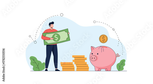 Man holding a large dollar bill with a piggy bank and stacks of coins for saving money concept.