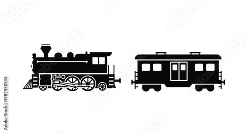 Simple black and white illustration of a vintage locomotive and railcar