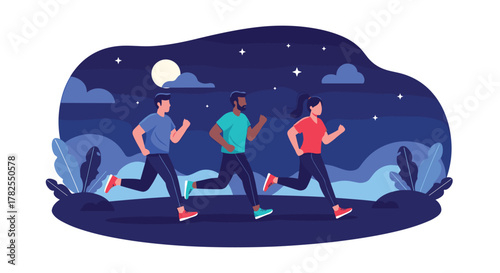 Three diverse people jogging together outdoors at night under a moonlit sky.