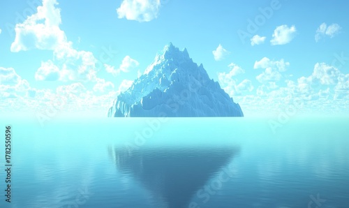 Majestic iceberg floating in calm ocean waters with a clear sky and scattered clouds overhead
