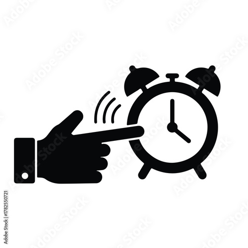 Silhouette of a hand silencing an alarm clock with a finger. The clock has bells and hands showing the time