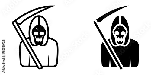 Death icon set. A minimalist and bold illustration featuring the Grim Reaper holding a scythe. isolated on white background