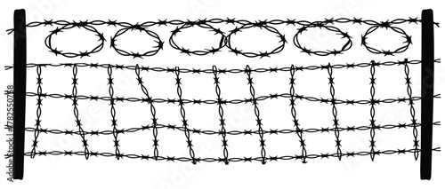 Barbed wire silhouette vector -White background with Black barbed wire horizontal vector. Straight line sharp barbed wire illustration vector